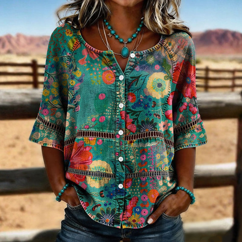 Milagros™ | Camisa Vintage Floral Multicolor de Manga Tres Cuartos