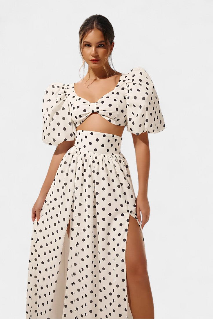 Sherine Conjunto de Falda y Top de Lunares con Mangas Abullonadas