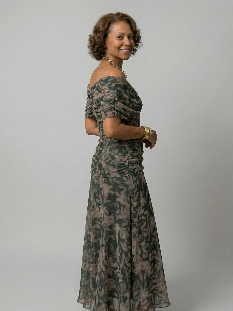 Calena™ | Vestido Midi Off-Shoulder con Escote Drapeado