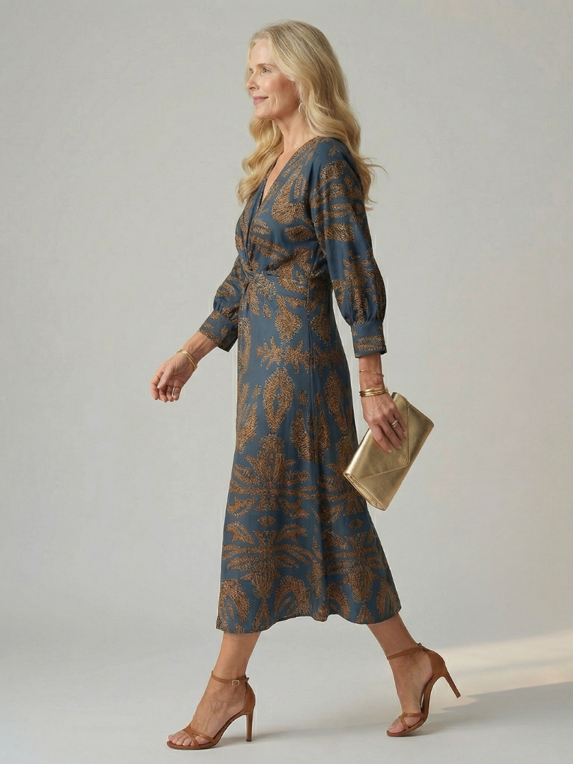 Luna™ | Vestido Midi Cruzado de Manga Larga con Estampado Natural