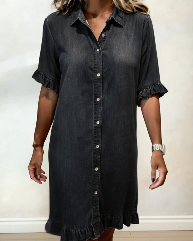 Lucía™ | Vestido Camisero Denim con Volantes
