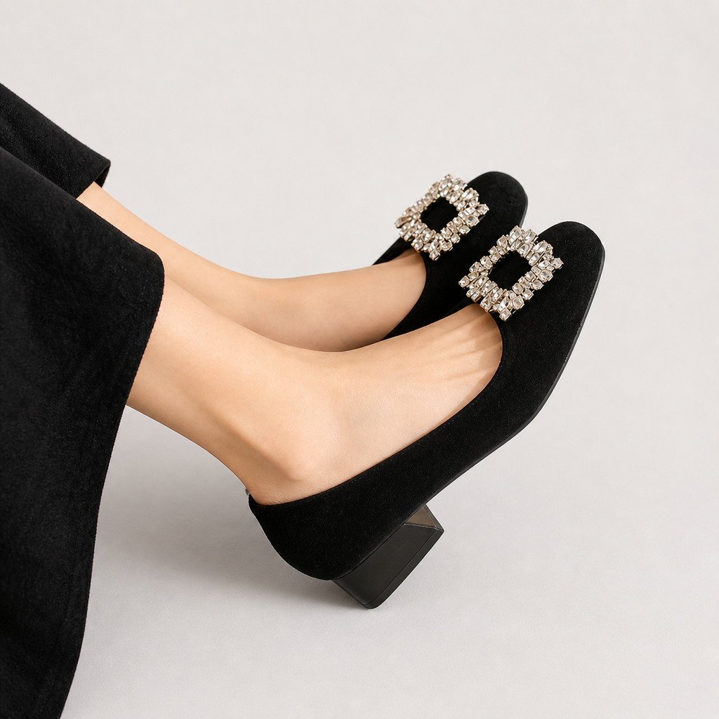 Casimira™ | Escarpín de Ante con Broche Joya y Tacón Bloque