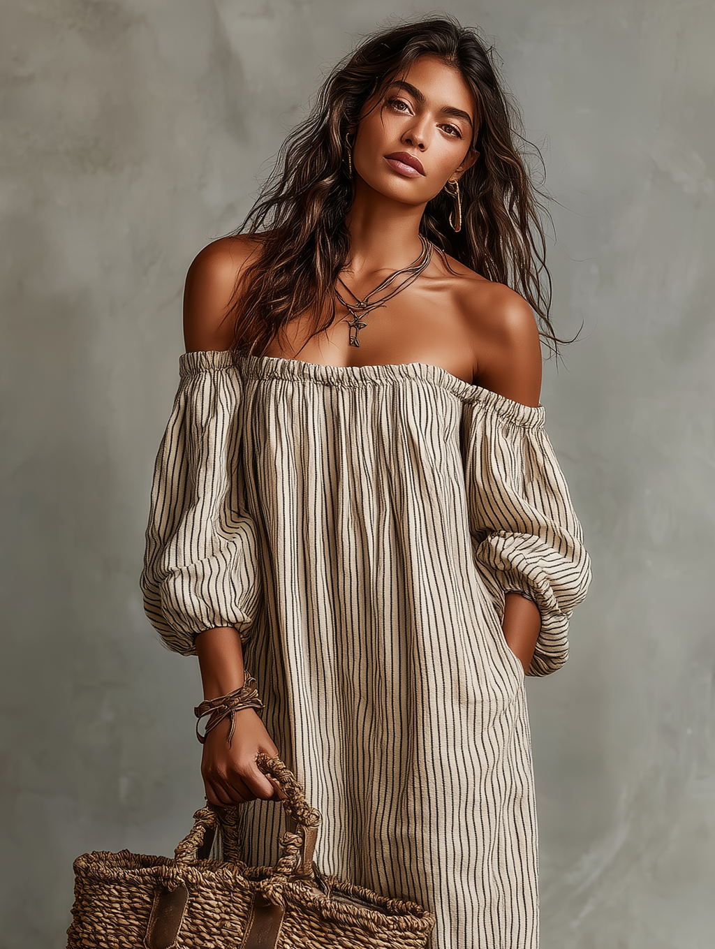 Carmen™ | Vestido Largo de Rayas con Hombros Descubiertos