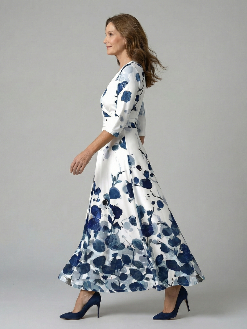 Celeste™ | Vestido Midi Floral con Escote Cruzado y Manga Tres Cuartos