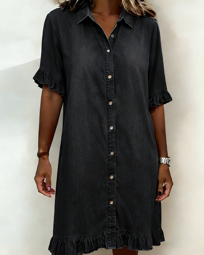 Lucía™ | Vestido Camisero Denim con Volantes