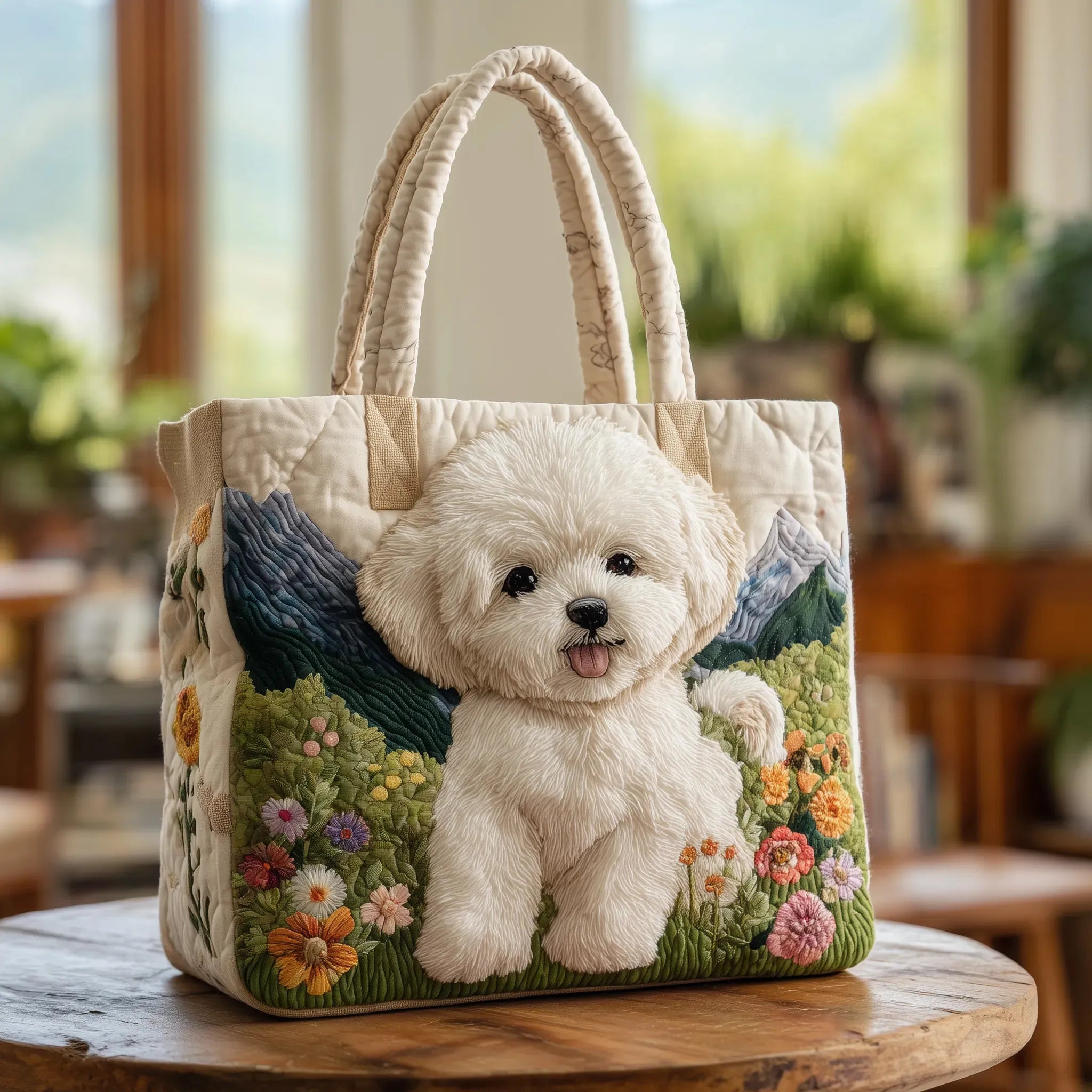 Asunción™ | Bolso Tote Artesanal con Estampado de Bichón Frisé y Flores