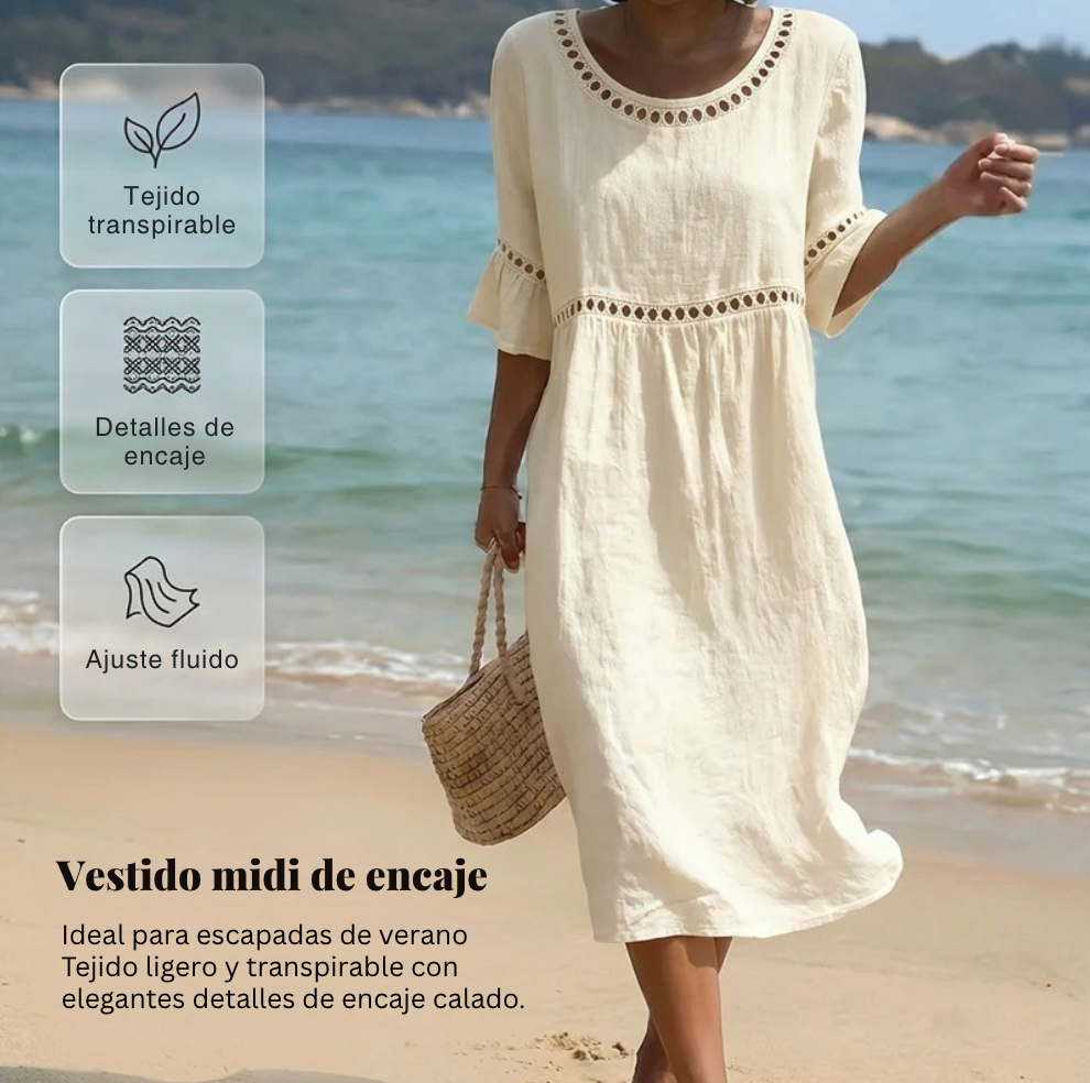 Carmela™ | Vestido Midi de Lino con Cuello Redondo y Manga Volante