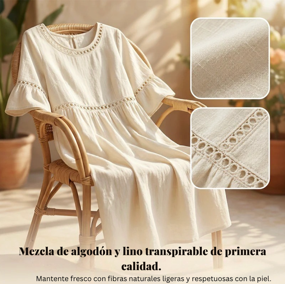 Carmela™ | Vestido Midi de Lino con Cuello Redondo y Manga Volante