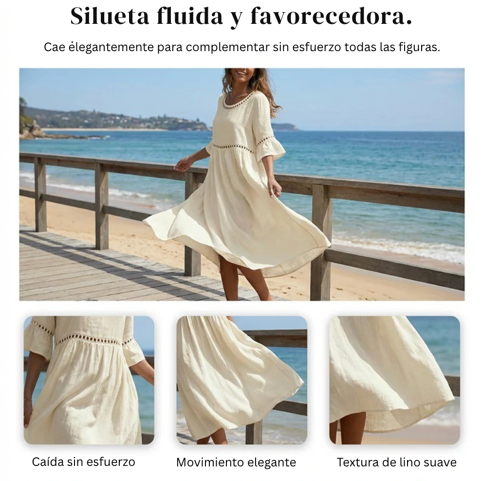 Carmela™ | Vestido Midi de Lino con Cuello Redondo y Manga Volante