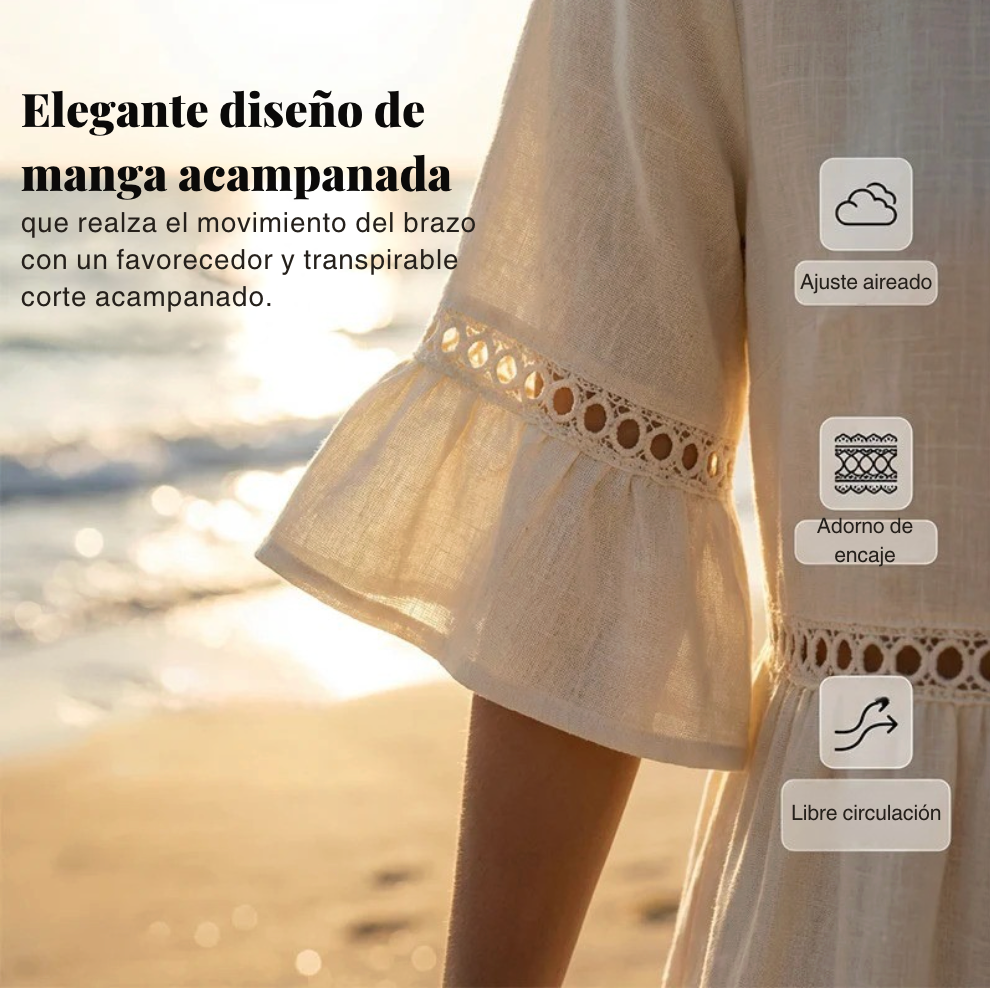Carmela™ | Vestido Midi de Lino con Cuello Redondo y Manga Volante