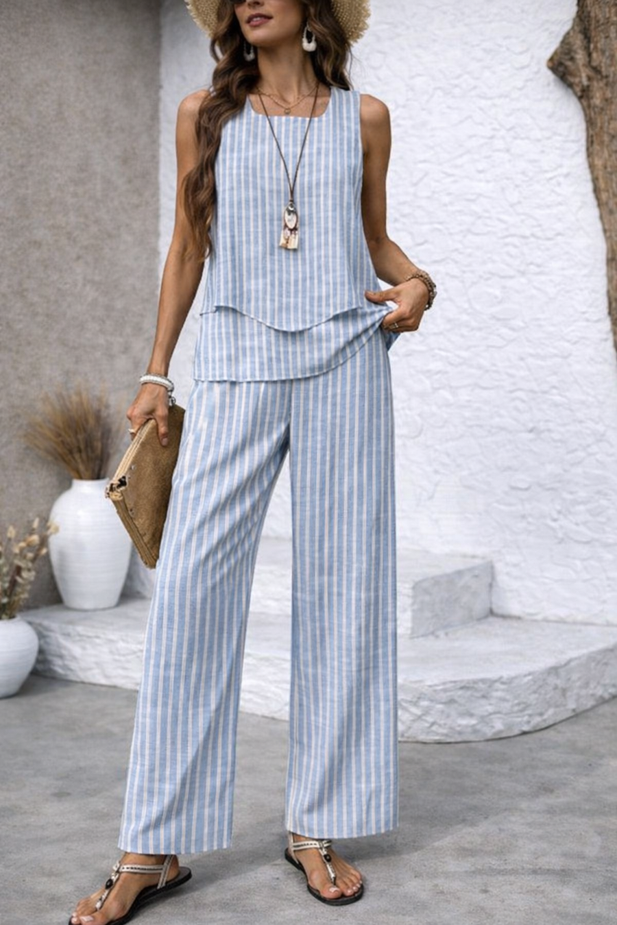 Nicolasa™ | Conjunto Rayas Azul Top y Pantalón Ancho