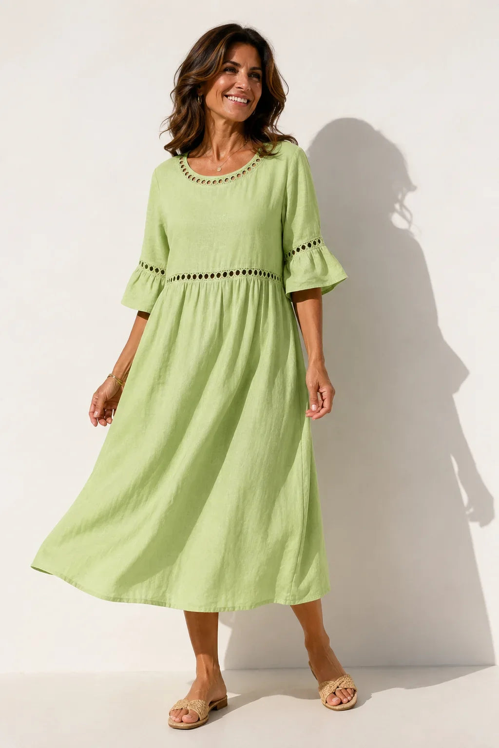 Carmela™ | Vestido Midi de Lino con Cuello Redondo y Manga Volante