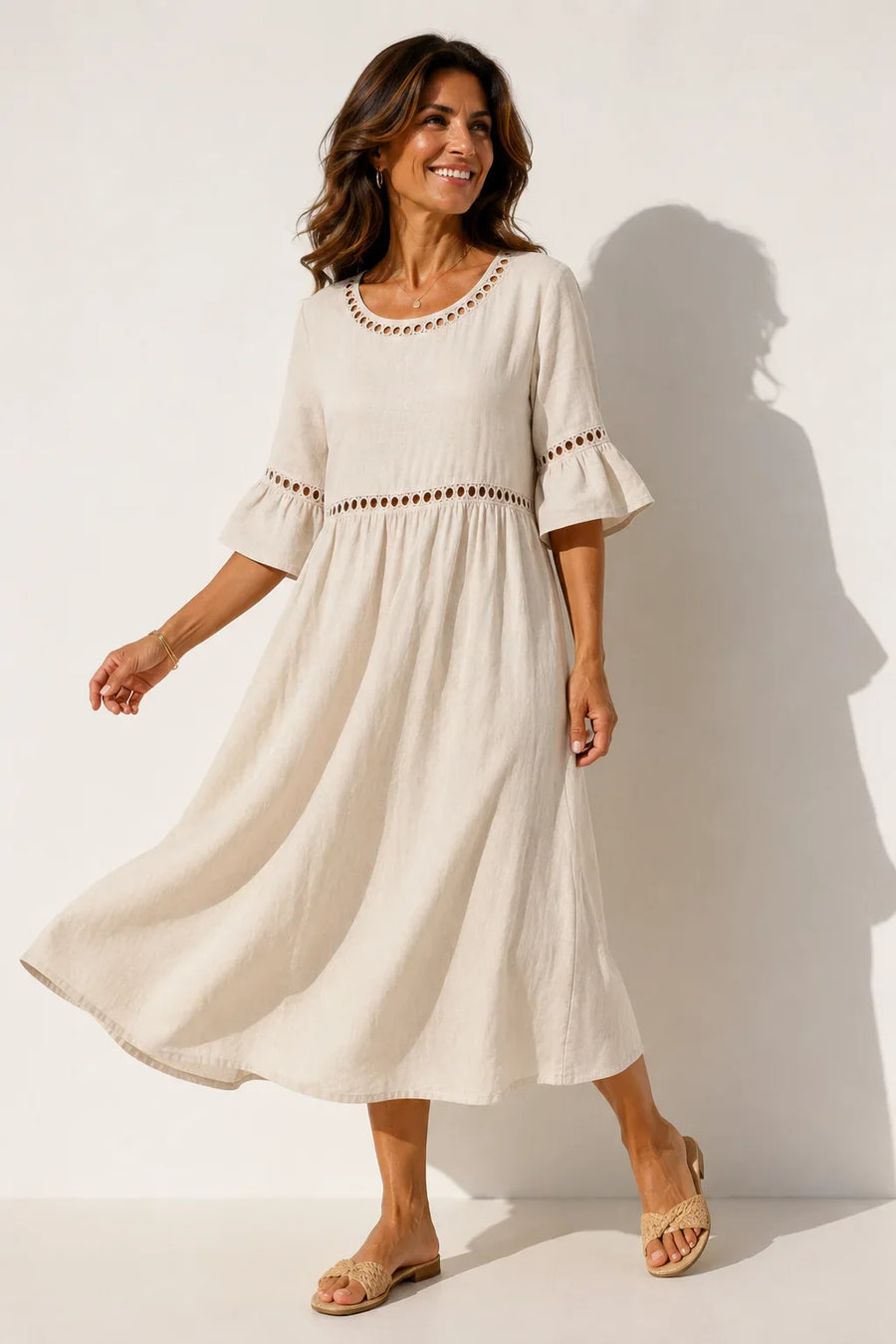 Carmela™ | Vestido Midi de Lino con Cuello Redondo y Manga Volante