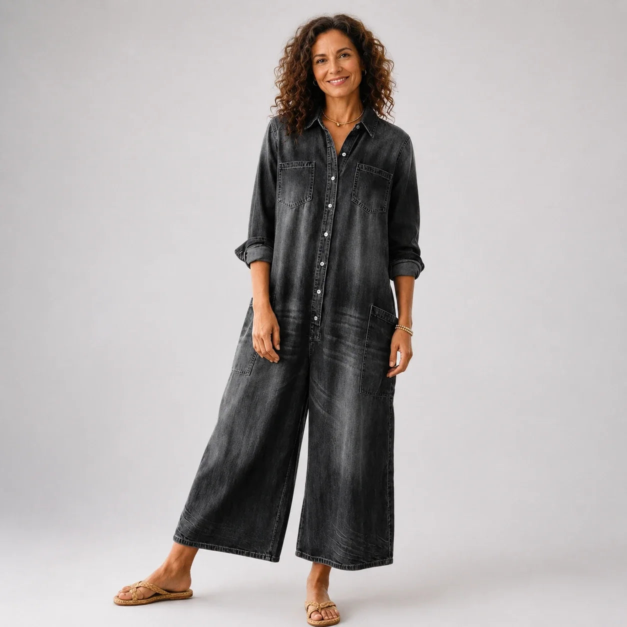 Primitiva™ | Vestido maxi vaquero con botonadura y manga larga