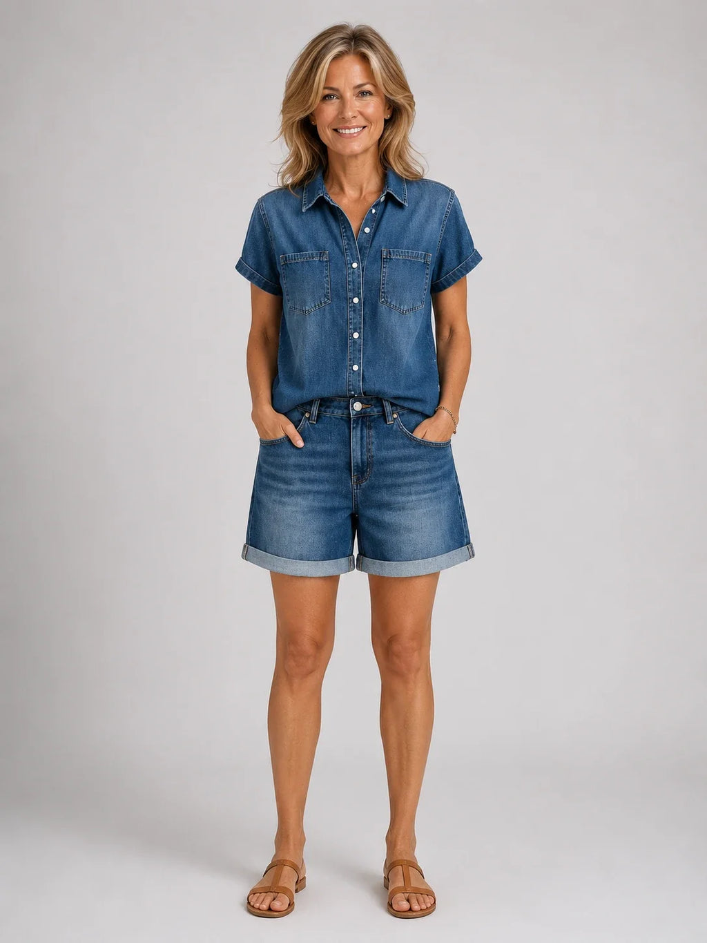 Purificación™ | Conjunto vaquero camisa y short de manga corta
