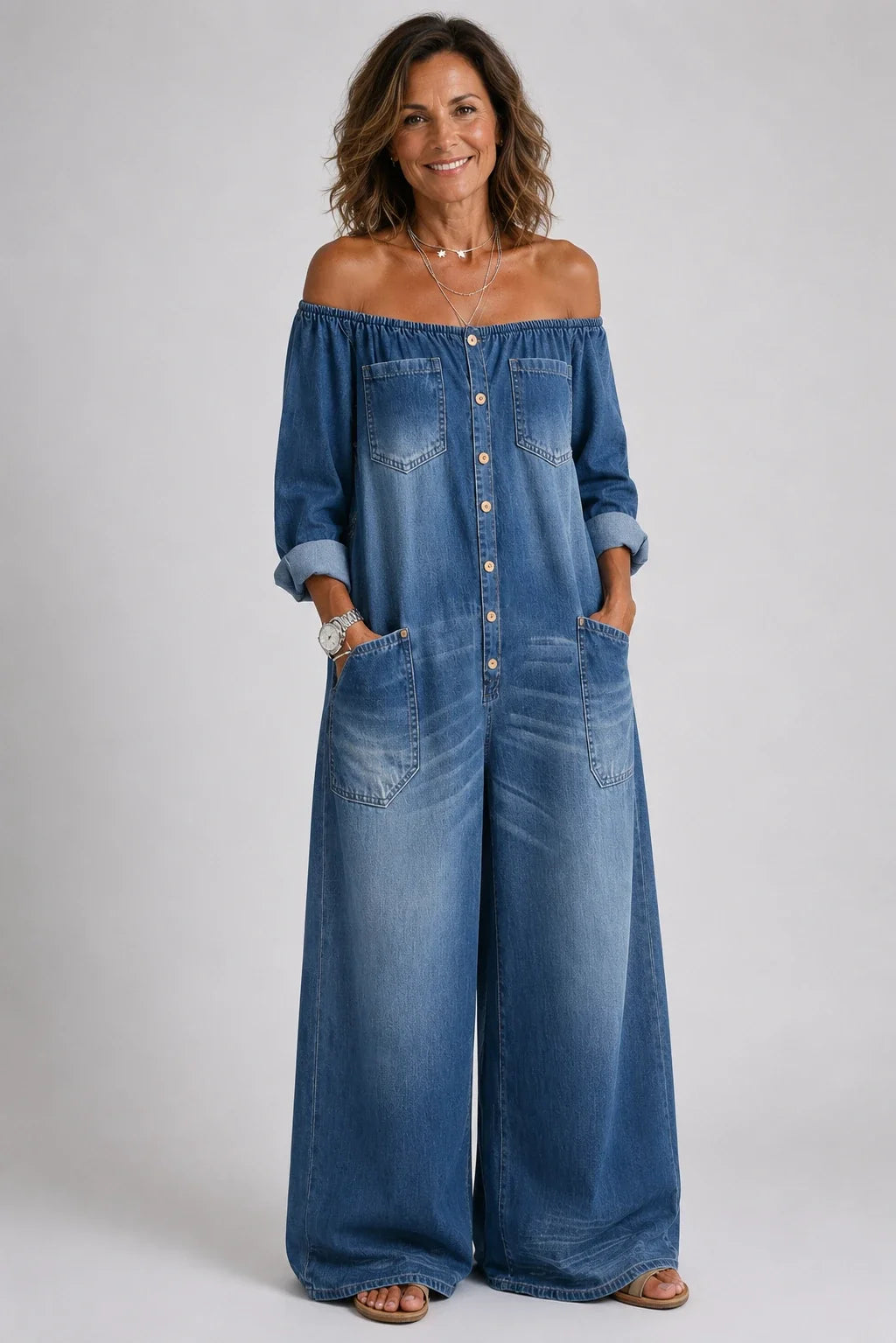 Sabina™ | Mono vaquero off-shoulder de manga larga
