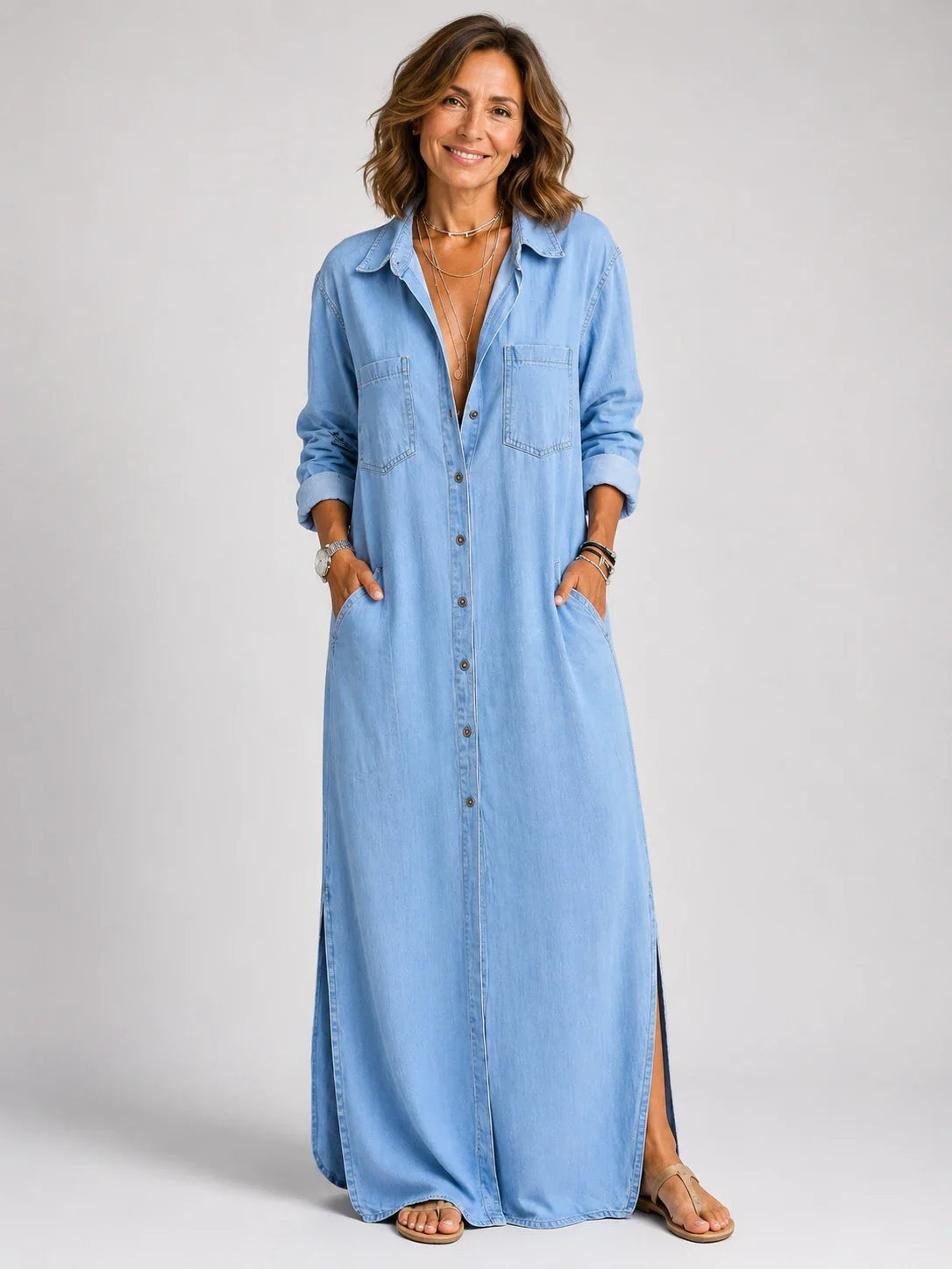 Valeriana™ | Vestido maxi chemise con botonadura y fenda