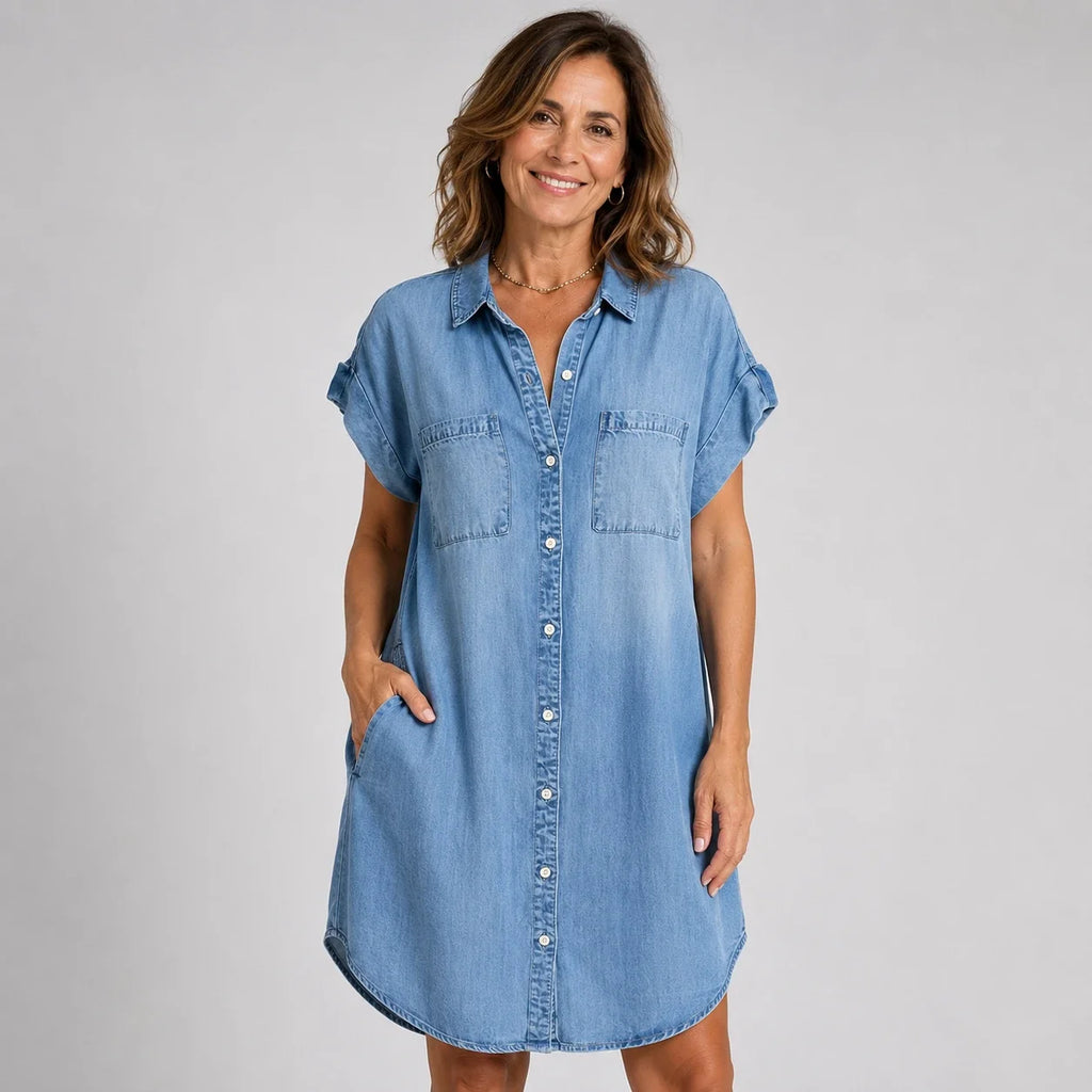 Venancia™ | Vestido chemise corto de manga corta con botonadura