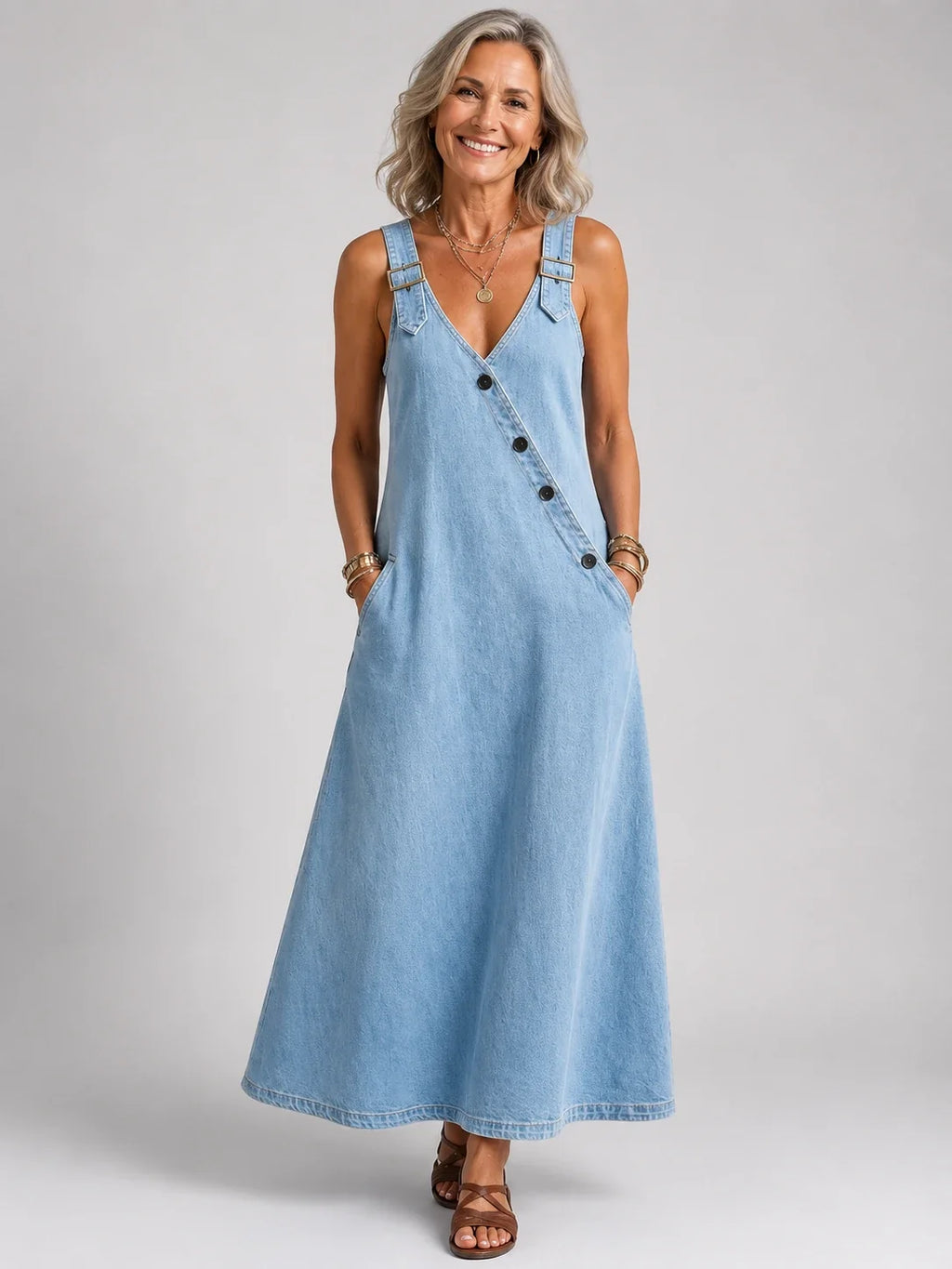 Zenaida™ | Peto maxi vaquero con alças cruzadas en la espalda