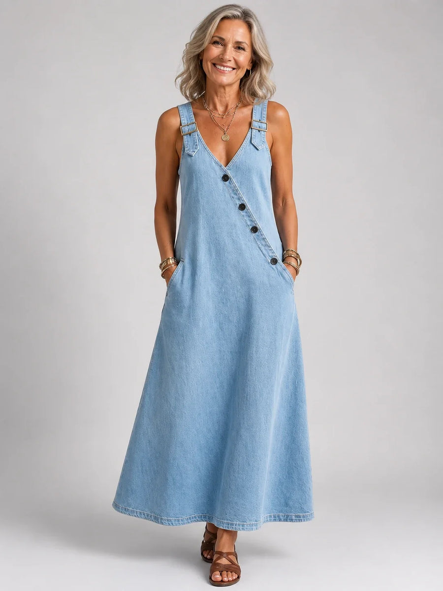 Zenaida™ | Peto maxi vaquero con alças cruzadas en la espalda