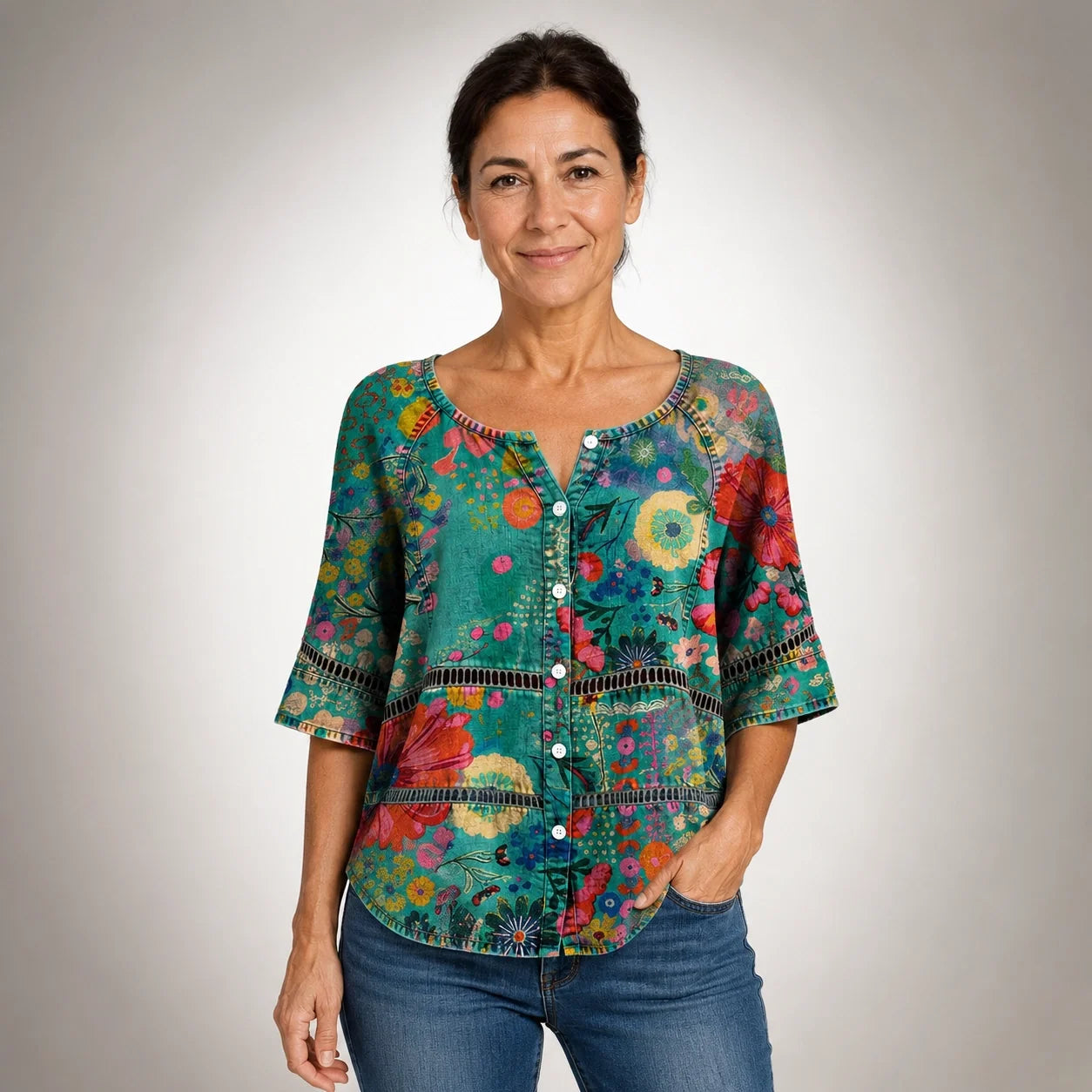 Milagros™ | Camisa Vintage Floral Multicolor de Manga Tres Cuartos