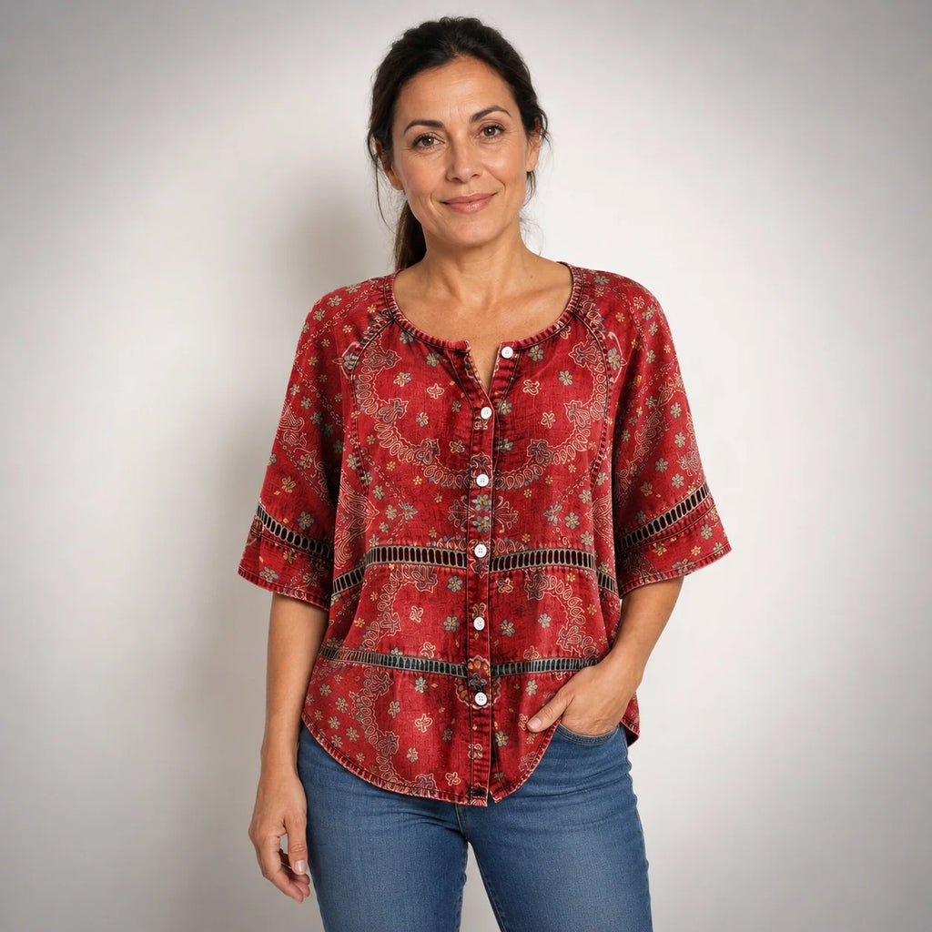 Guadalupe™ | Camisa Vintage con Estampado Étnico de Manga Tres Cuartos
