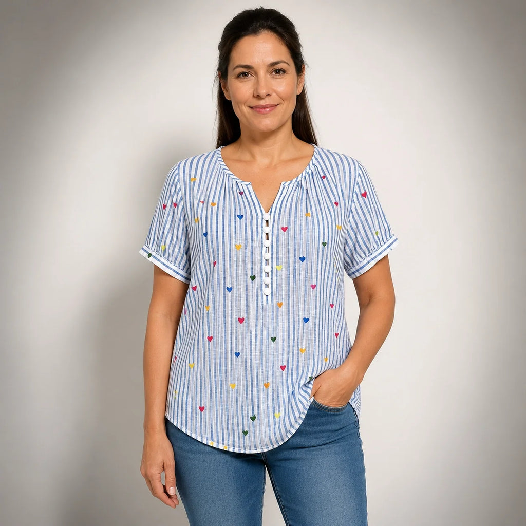 Cristina™ | Blusa de Rayas con Estampado de Corazones