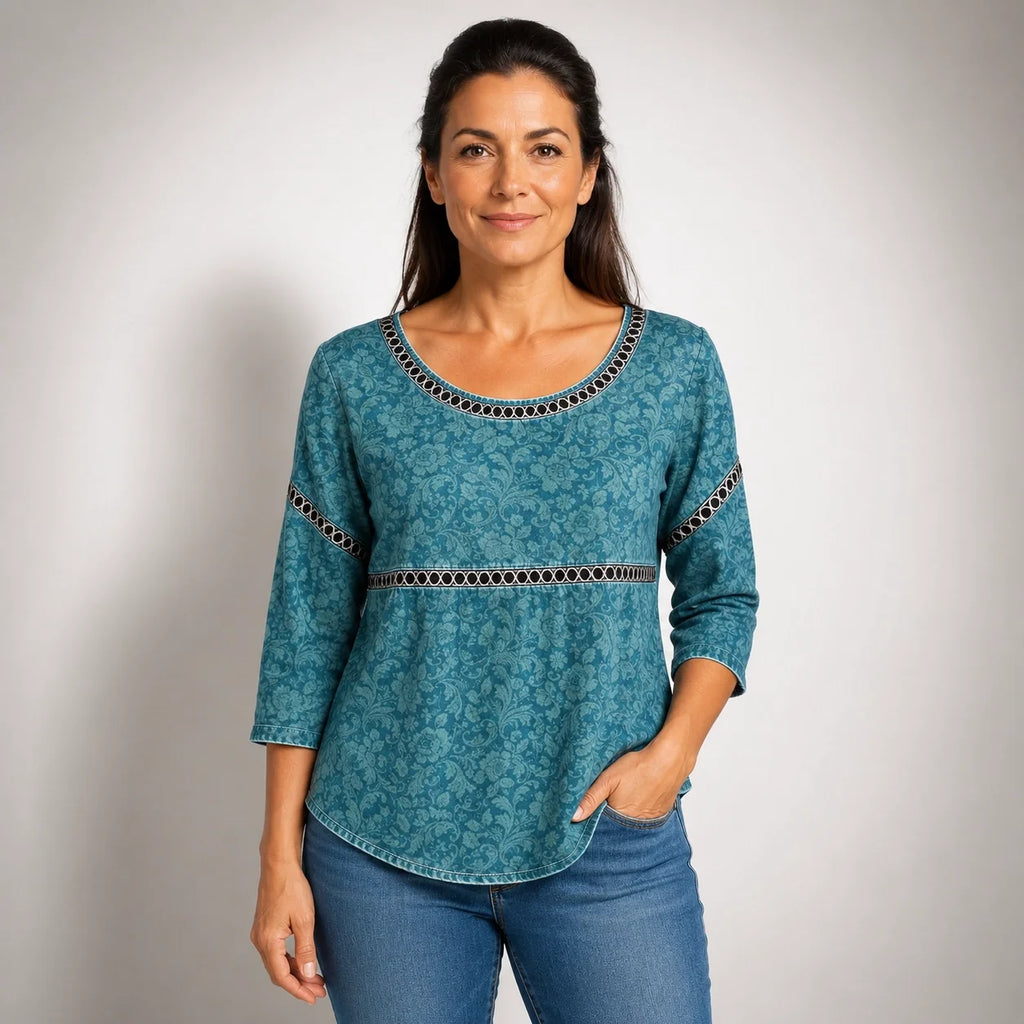 Yolanda™ | Blusa Vintage Turquesa con Detalle Étnico en la Cintura