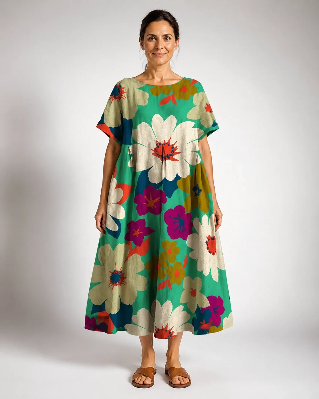 Visitación™ | Vestido Amplio Floral Verde Salvia