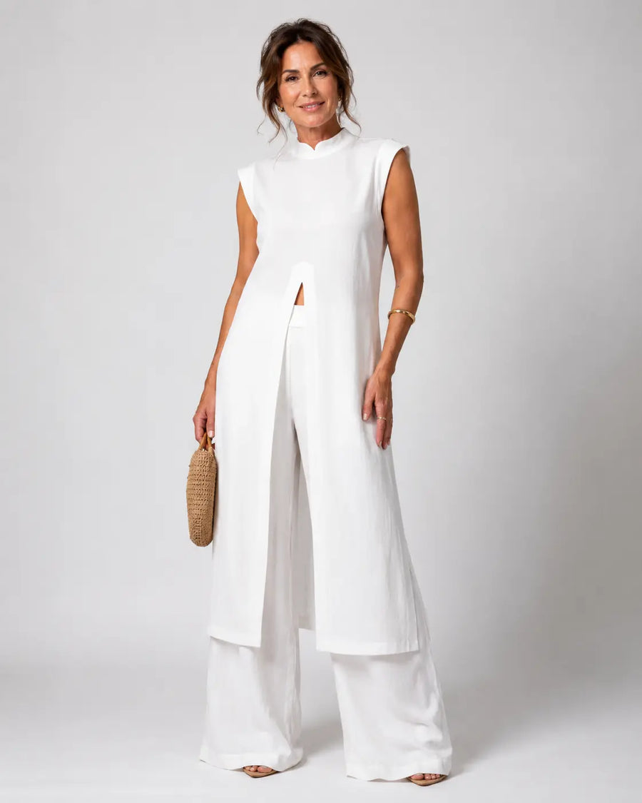 Benigna™ | Conjunto Blanco Túnica Volante y Pantalón