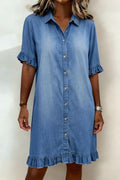 Lucía™ | Vestido Camisero Denim con Volantes