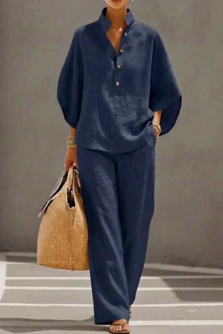 Maribel | Conjunto de lino con mangas murciélago y pantalón ancho