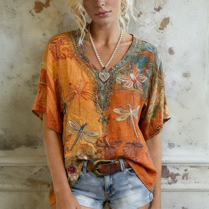 Adriana™ | Blusa Vintage con Estampado de Libélulas