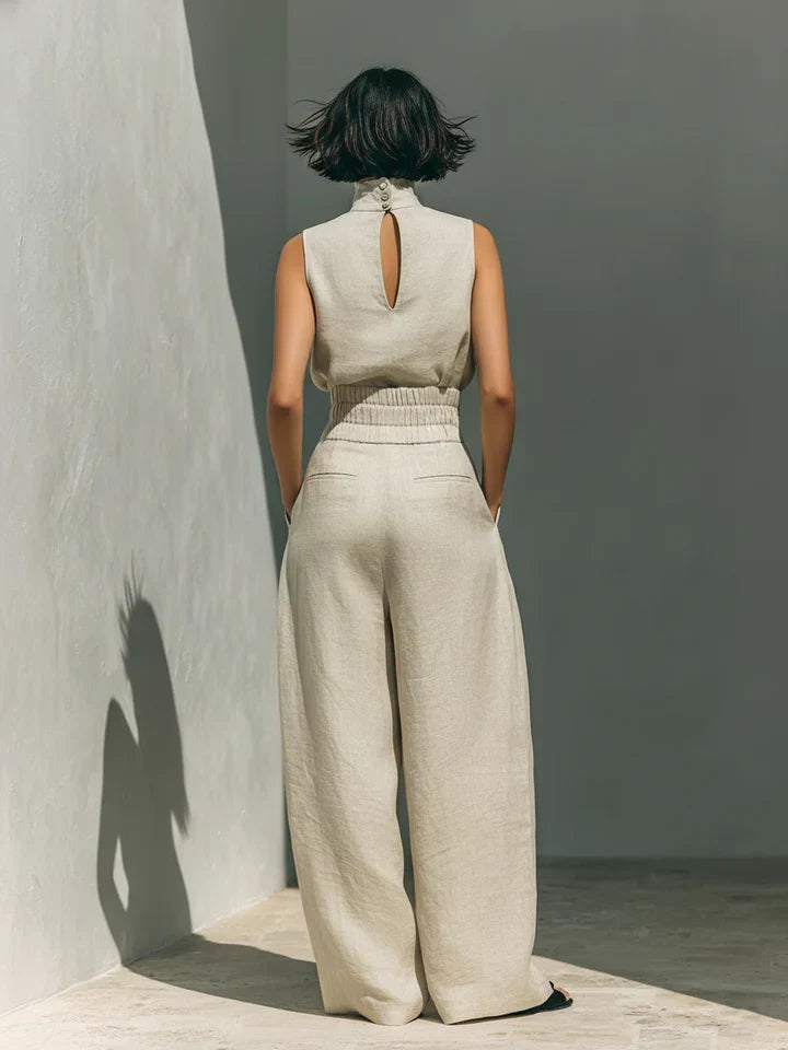 Flor™ | Conjunto minimalista de blusa sin mangas y pantalón de pernera ancha en algodón y lino para mujer