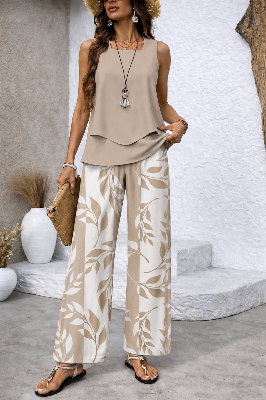 Ernestina™ | Conjunto Natural Blusa Beige y Pantalón Botánico
