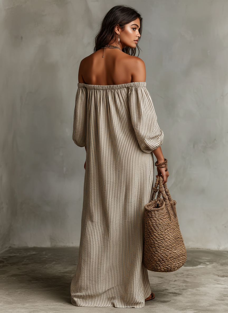 Carmen™ | Vestido Largo de Rayas con Hombros Descubiertos