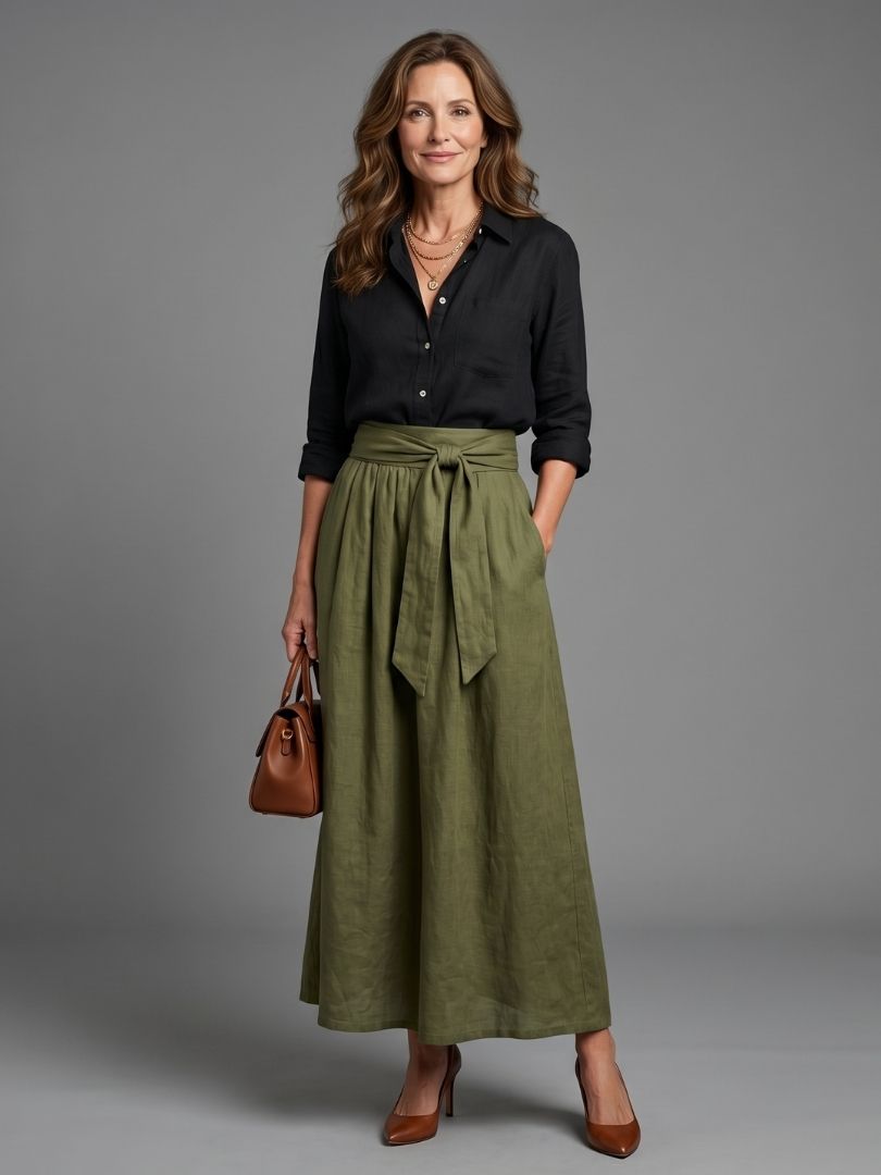 Vera™ | Conjunto Blusa Negra y Falda Midi Verde Oliva