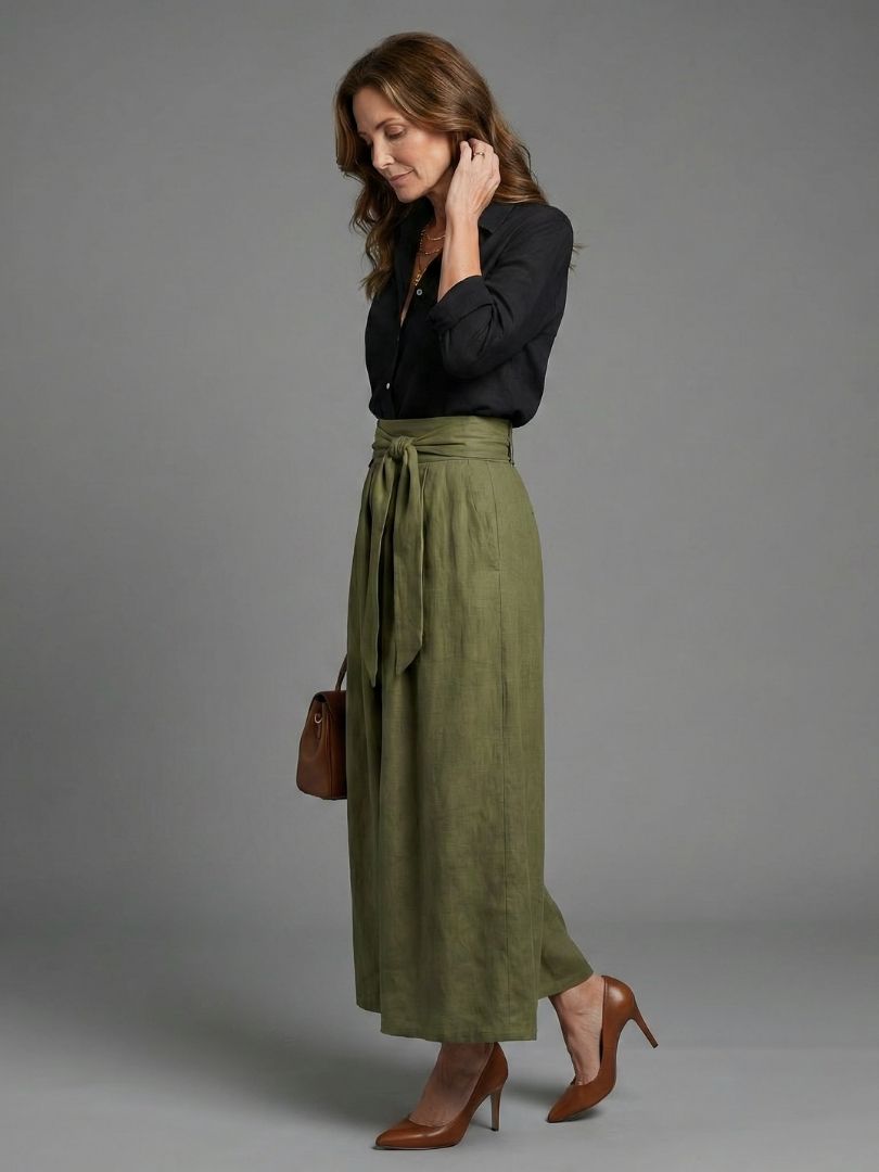 Vera™ | Conjunto Blusa Negra y Falda Midi Verde Oliva