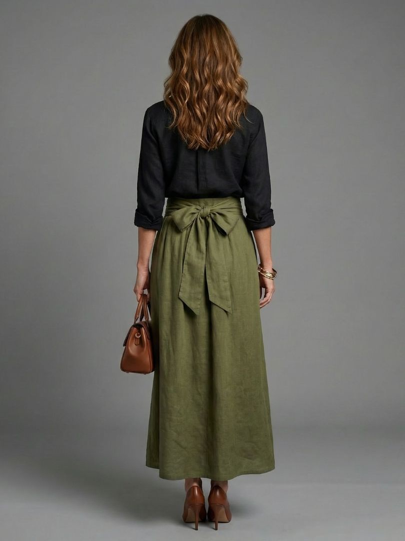 Vera™ | Conjunto Blusa Negra y Falda Midi Verde Oliva