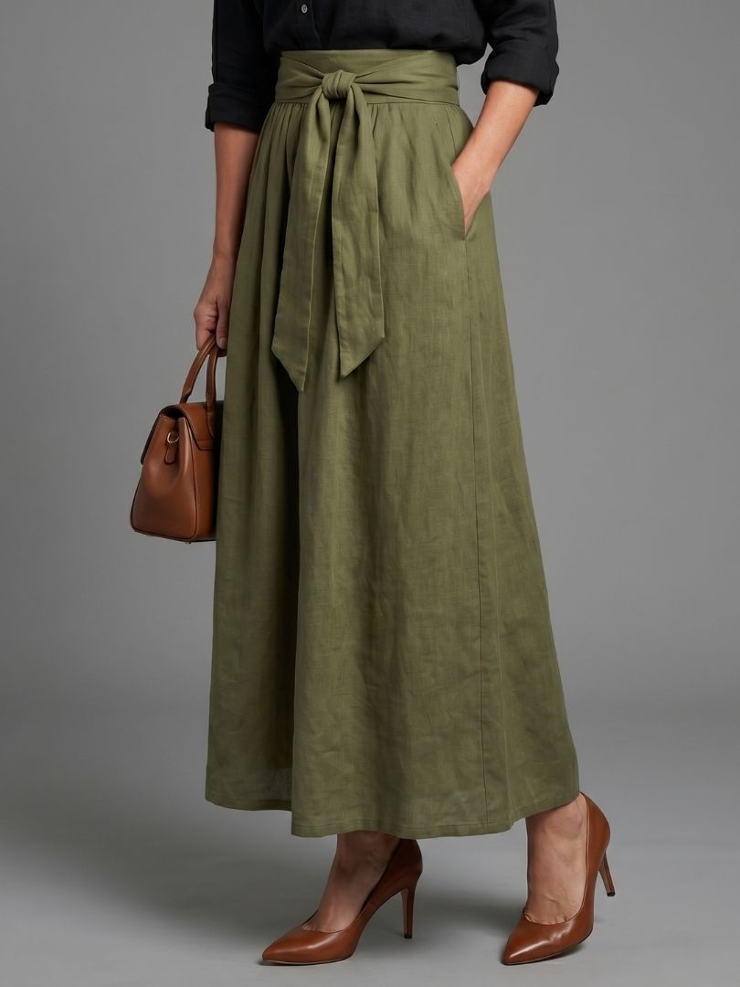 Vera™ | Conjunto Blusa Negra y Falda Midi Verde Oliva