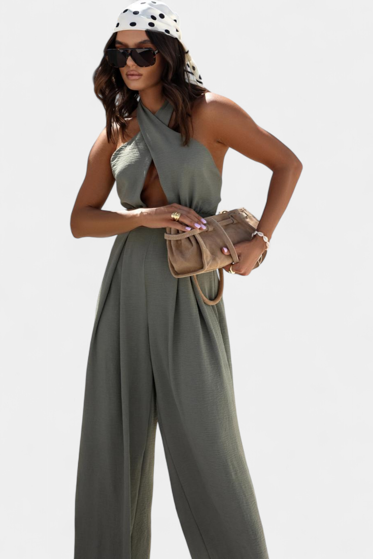 Jessica Mono Halter Cruzado sin Espalda y Pierna Ancha