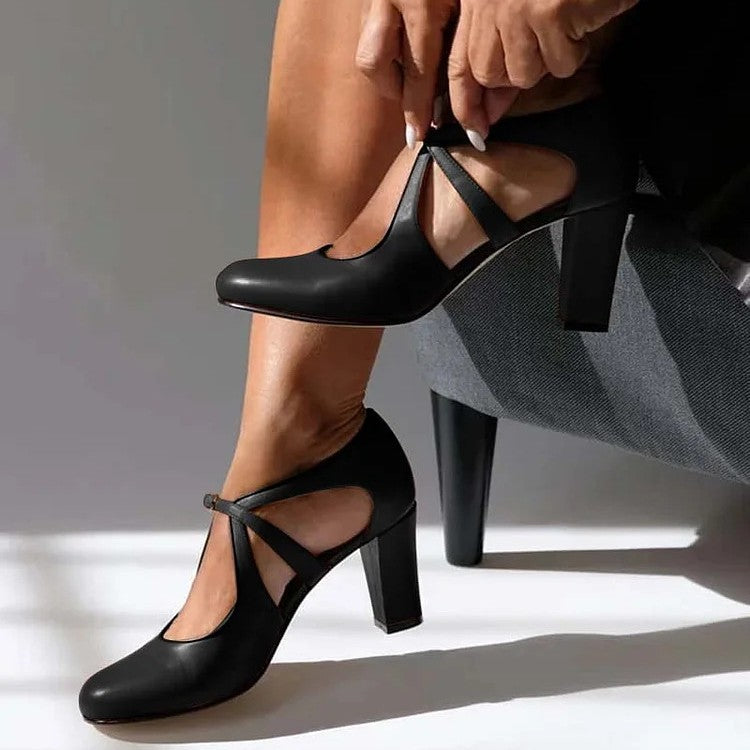 Herminia™ | Escarpín de Piel con Tira y Tacón Bloque