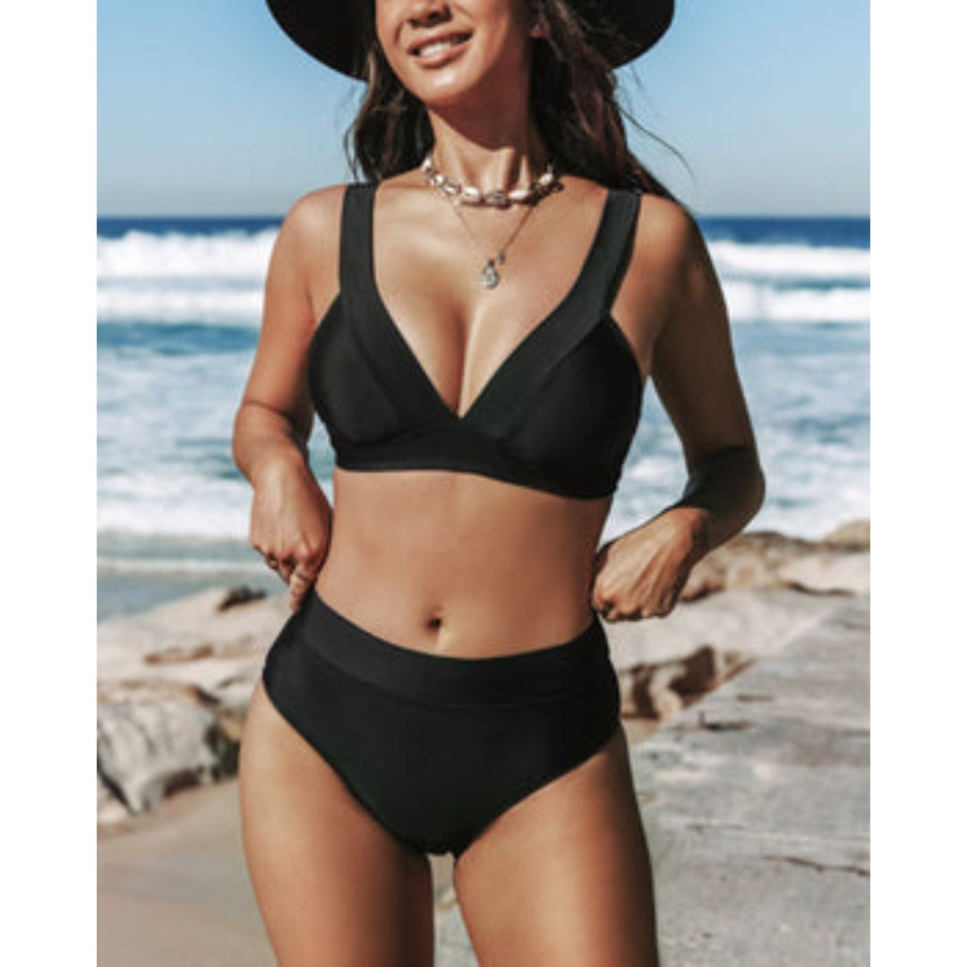 Sinforosa™ | Bikini liso de tiro alto con top en V