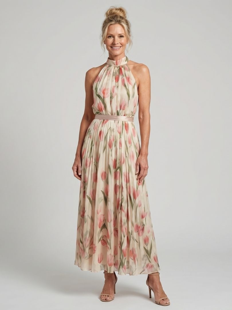 Aurelia™ | Vestido Midi Halter Floral con Cinturón