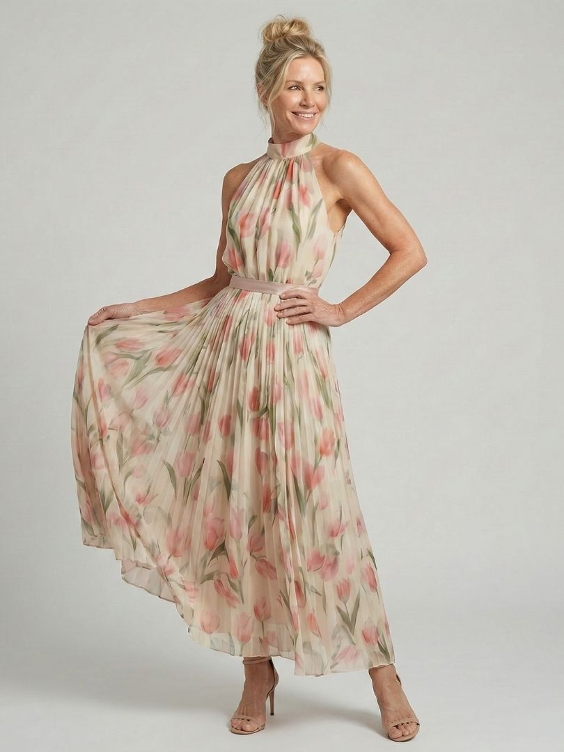 Aurelia™ | Vestido Midi Halter Floral con Cinturón