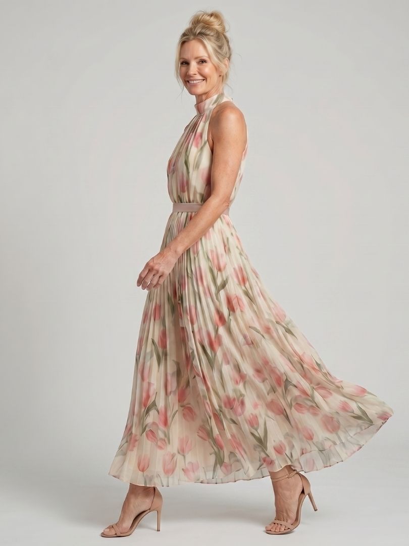 Aurelia™ | Vestido Midi Halter Floral con Cinturón