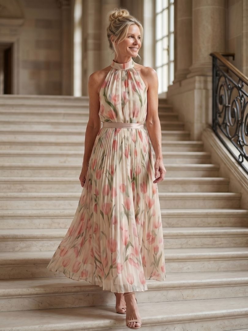 Aurelia™ | Vestido Midi Halter Floral con Cinturón