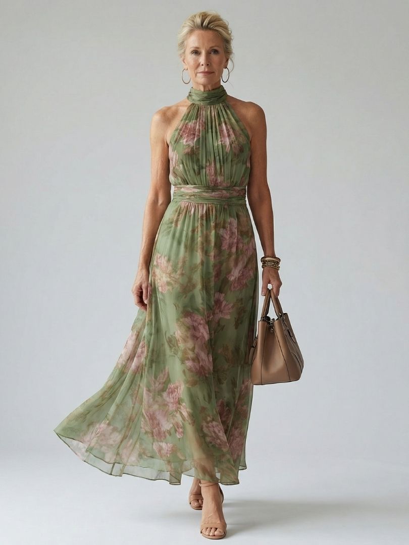 Mirella™ | Vestido Midi Halter Floral con Detalle Fruncido