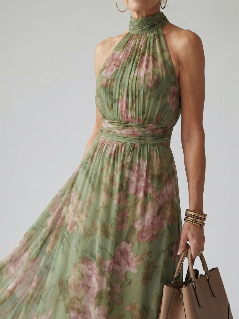 Mirella™ | Vestido Midi Halter Floral con Detalle Fruncido