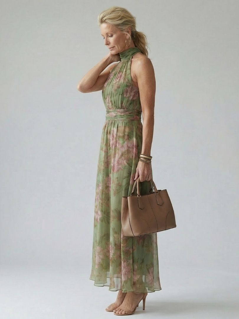 Mirella™ | Vestido Midi Halter Floral con Detalle Fruncido